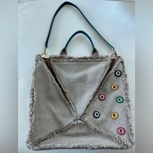 Purificacion Garcia Linen and Leather Large Tote with removable strap - like new